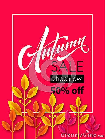 Fall sale background design with colorful paper cut autumn leaves. Vector illustration Vector Illustration