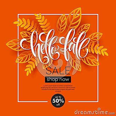 Fall sale background design with colorful paper cut autumn leaves. Vector illustration Vector Illustration