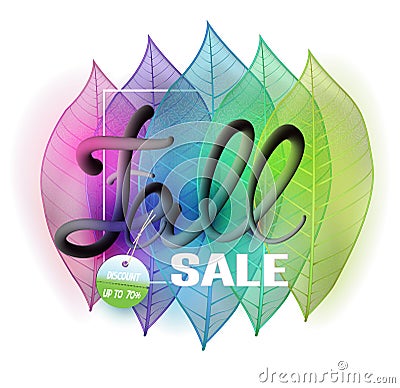 Fall sale banner with colorful skeleton leaves Vector Illustration