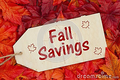 Fall Savings message on a wood gift tag Stock Photo