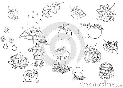 Fall season seamless pattern. forest animals. autumn walk in the rain. the hare goes under an umbrella, hedgehogs Cartoon Illustration