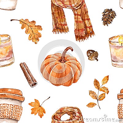 Fall season themed seamless pattern. Watercolor cozy mood print. Orange pumpkin, coffee latte cup, leaves, scarf on white Cartoon Illustration