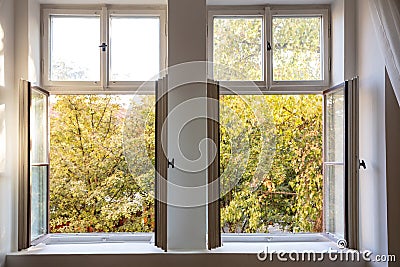 Fall season. Trees with autumn leaves out of two open white wooden windows. Stock Photo