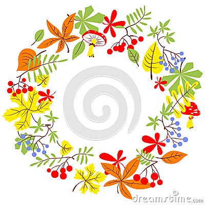 Fall season wreath. Autumn border with bright leaves. Vector sea Vector Illustration