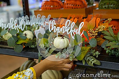 Fall seasonal decorative objects. Shopping for fall decorations Stock Photo