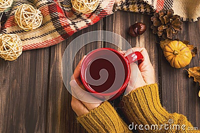 Fall setting woman hands holding hot tea cup with vintage fall b Stock Photo