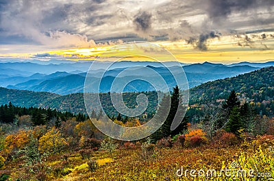 Fall sunset, Cowee Mountains, Blue Ridge Parkway Stock Photo