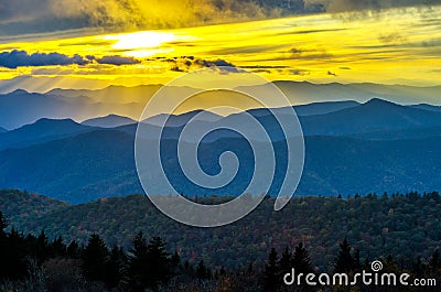 Fall sunset, Cowee Mountains, Blue Ridge Parkway Stock Photo