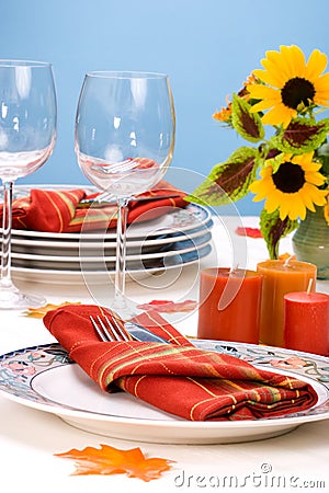 Fall theme dinner table settin Stock Photo