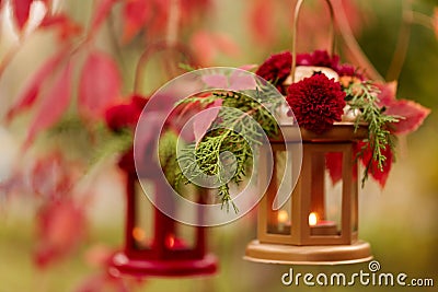 Fall time. Autumn decoration. Candlesticks in the form of lanter Stock Photo