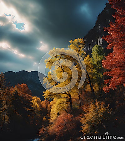 Fall trees and moody skies Stock Photo