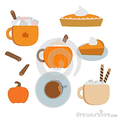 Autumn vector spice latte clipart. Pumpkin spice latte mugs, cup, pumpkin pies, slices. Isolated on white background Vector Illustration