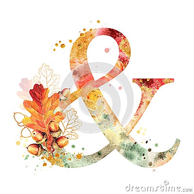 Fall Watercolor ampersand. Watercolor Autumn Alphabet with autumn oak leaves & acorns. Stock Photo