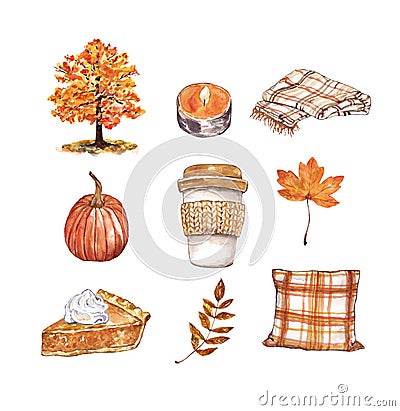 Watercolor autumn illustration. Coffee latte cup, pumpkin, pie, tree, foliage, pillow, candle, isolated. Fall graphics Cartoon Illustration