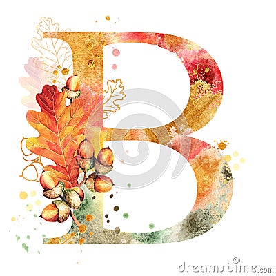 Fall Watercolor Letter B. Stock Photo