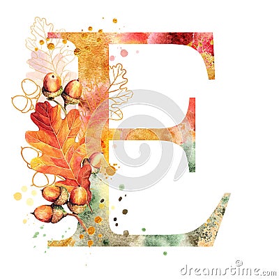 Fall Watercolor Letter E. Watercolor Autumn Alphabet. Stock Photo