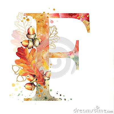 Fall Watercolor Letter F. Watercolor Autumn Alphabet. Stock Photo