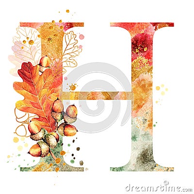 Fall Watercolor Letter H. Watercolor Autumn Alphabet. Stock Photo