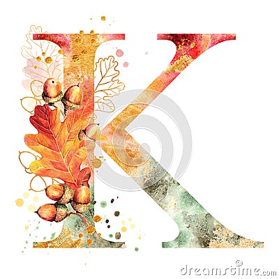 Fall Watercolor Letter K. Watercolor Autumn Alphabet. Stock Photo