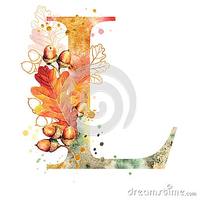 Fall Watercolor Letter L. Watercolor Autumn Alphabet. Stock Photo