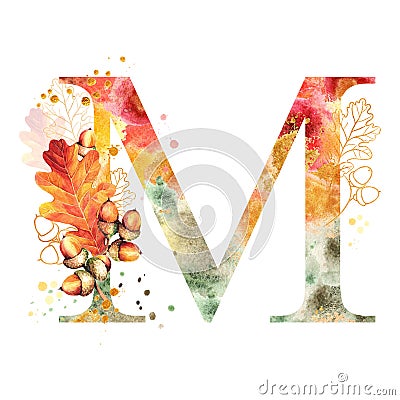 Fall Watercolor Letter M. Watercolor Autumn Alphabet. Stock Photo