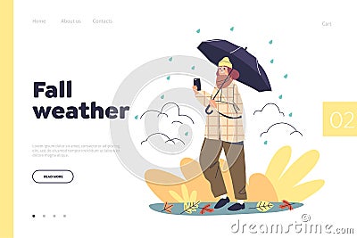 Fall weather concept of landing page with young woman walk in autumn park under umbrella Vector Illustration