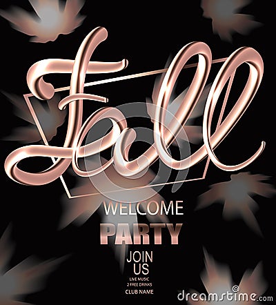 Fall welcome party announcement banner with gold maple leaves and volume letters. Vector Illustration