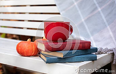 In fall on a white bench is cup of tea, books, checkered plaid and pumpkin in garden. A bench in autumn park with a cup of hot cof Stock Photo