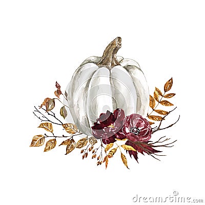 Fall white pumpkin with flowers and leaves wateercolor illustration. Autumn harvest design Cartoon Illustration