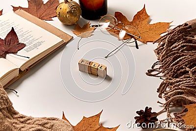 fall word made of toy blocks and autumn staff Stock Photo