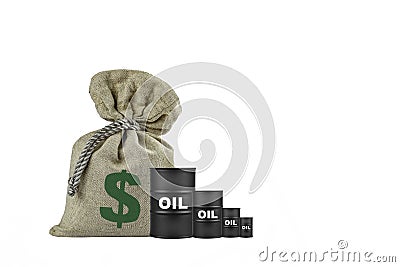 The fall in world oil prices.Grfik falls in the form of barrels of oil.Dollar, the symbol of the currency is applied to a filled Stock Photo