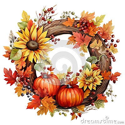 Fall Wreath PNG, Autumn Wreath PNG, Watercolor Autumn Harvest Circle Frame for Thanksgiving Sublimation, Autumn Thanksgiving Stock Photo