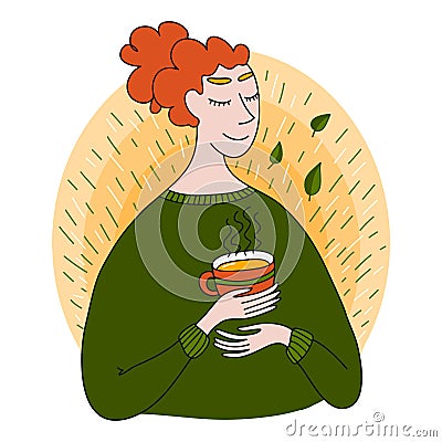 Fall young woman with a cup of hot drink. Young attractive cozy woman with a cup of coffee or tea. Covid 19 Stay Home - Stock Photo