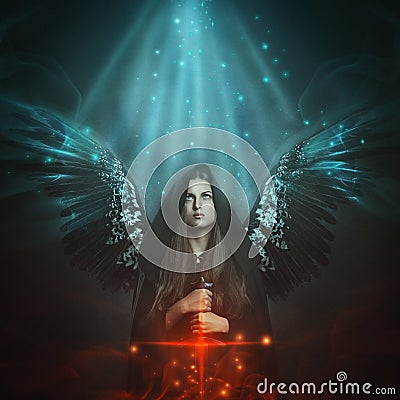 Fallen angel with black wings Stock Photo