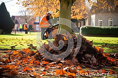 fallen leaves being cleared around a planted tree Stock Photo