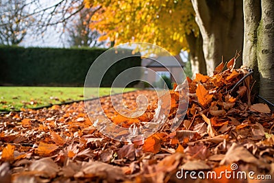 fallen leaves being cleared around a planted tree Stock Photo