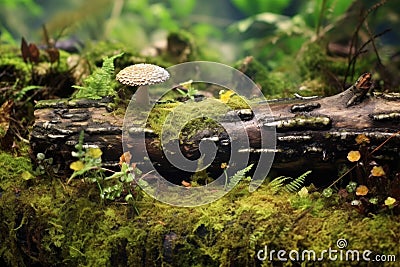 fallen log nurturing fungus and new plant life Stock Photo