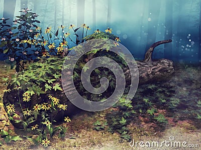 Fallen tree with ivy and flowers Stock Photo