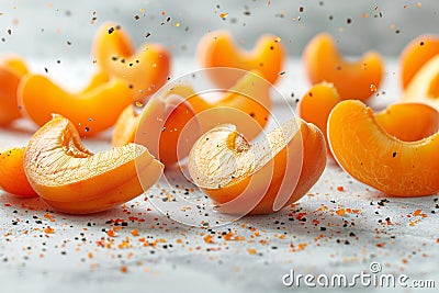 Falling apricot slices isolated on white background, flat lay. with clipping path. full depth of field. focus stacking. Cartoon Illustration