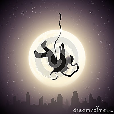 Falling astronaut. Flying cosmonaut outline. Lonely man and full moon Vector Illustration