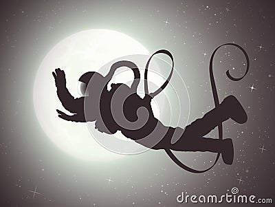 Falling astronaut. Flying cosmonaut outline. Lonely man and full moon Vector Illustration