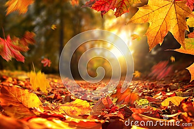 Falling Autumn leaves before sunset Stock Photo