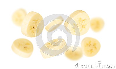 Falling Banana Slices isolated on white background with clipping path, full depth of field. Stock Photo