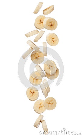 Falling banana slices isolated on white background Stock Photo