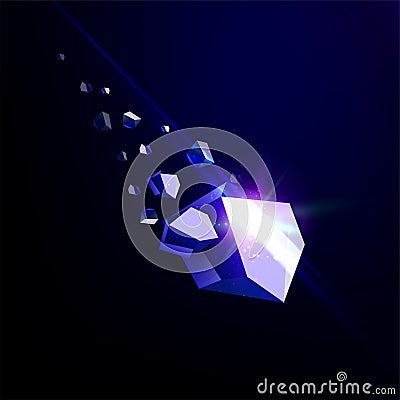 Falling beauty stone, sapphire, space debris, blue collapsing asteroid, vector 3D illustration. Isolated unusual logo Vector Illustration