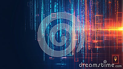Falling binary code and alarm icons symbolize a data breach in progress from a computer system. Stock Photo