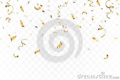 Falling bright Gold Glitter confetti celebration, serpentine isolated on transparent background. New year, birthday Vector Illustration