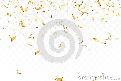 Falling bright Gold Glitter confetti celebration, serpentine isolated on transparent background. New year, birthday Vector Illustration