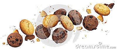 Falling broken chip cookies isolated on white background with clipping path, flying biscuits Stock Photo