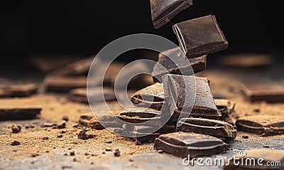 Falling broken chocolate bars on black background Stock Photo